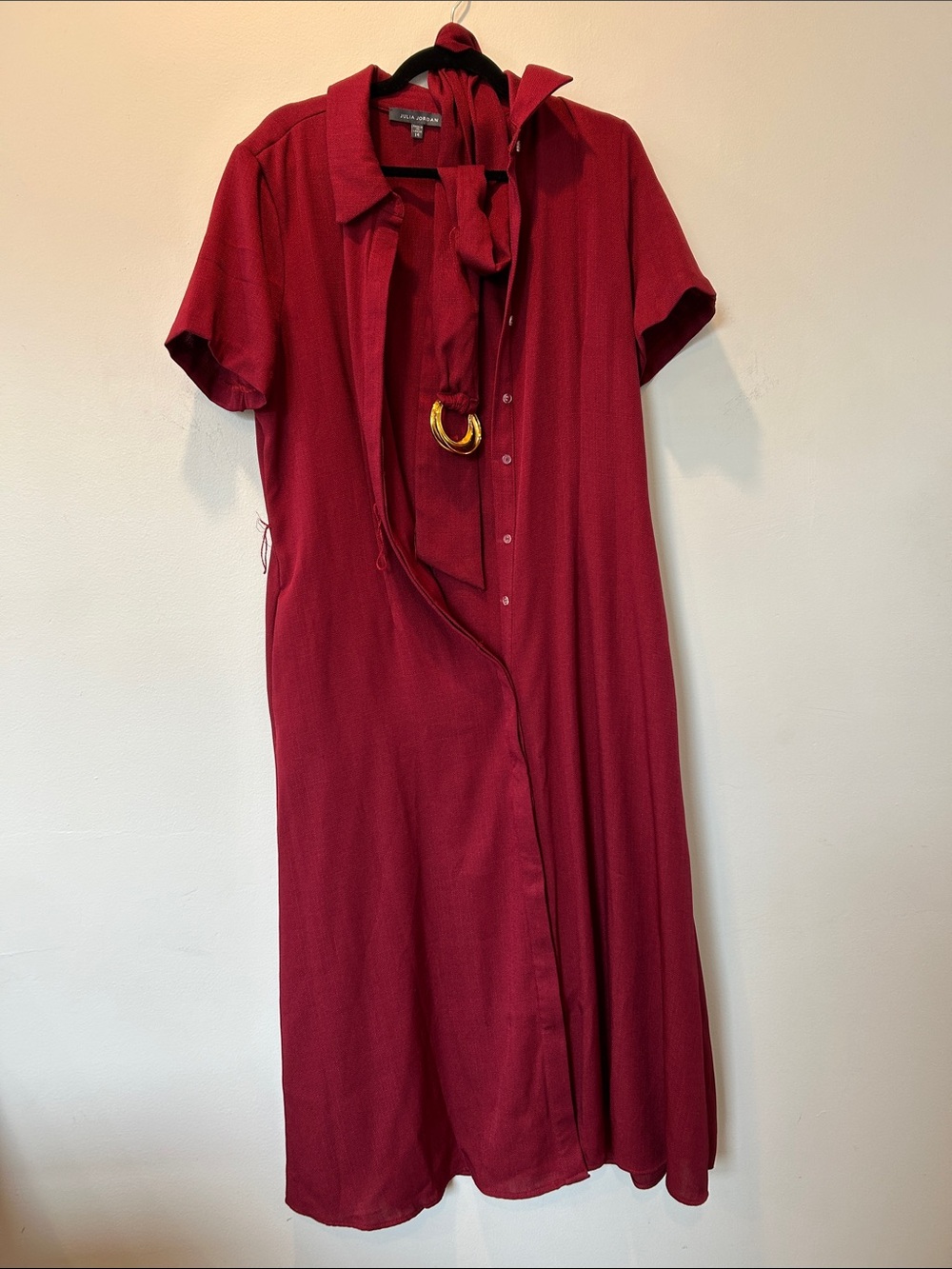 julia jordan Deep Red Midi Shirt Dress with Neck Tie